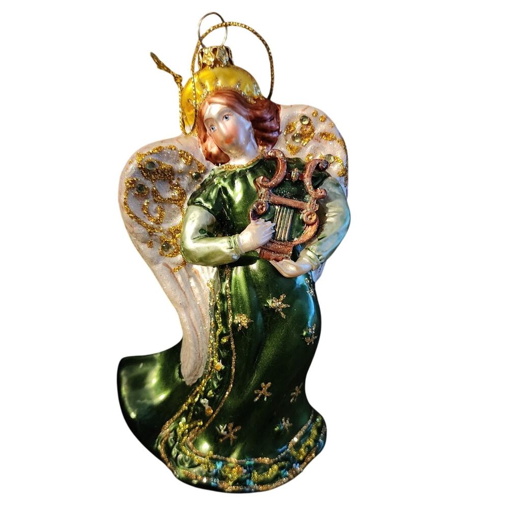 Blown Glass Christmas Holiday Angel with Harp Ornament 6.5"